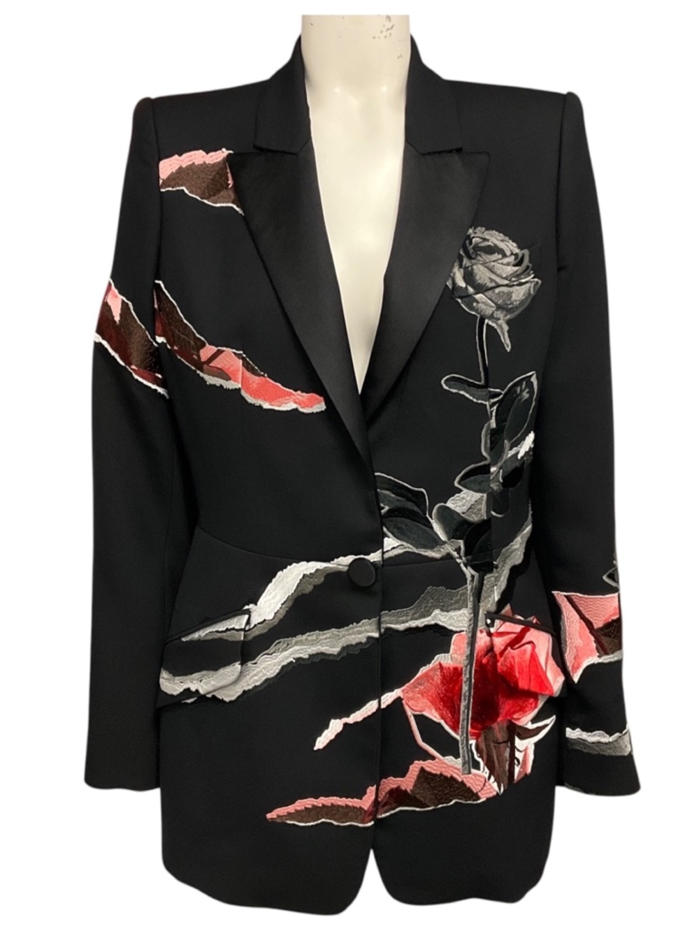 ALEXANDER MCQUEEN BLACK / PINK / RED MULTI ROSE EMBROIDERED BLAZER JACKET